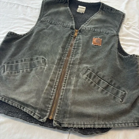 Vintage Carhartt Sherpa-Lined Vest Green Grey Fleece Work Streetwear VTG - Picture 3 of 6